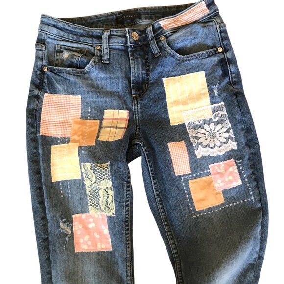 Upcycled Patchwork Jeans, W24 L28.5: Boho Hippie Pants, Spring Pastel Lace - Picture 8 of 13